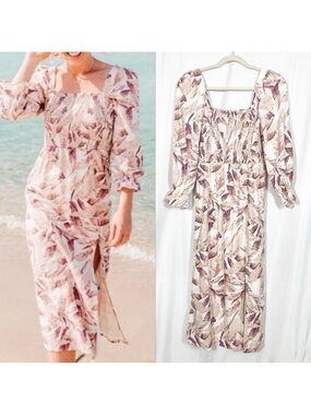 House of Harlow 1960 Floral Palm Linen Puff Sleeve Smocked Midi Dress: Beige